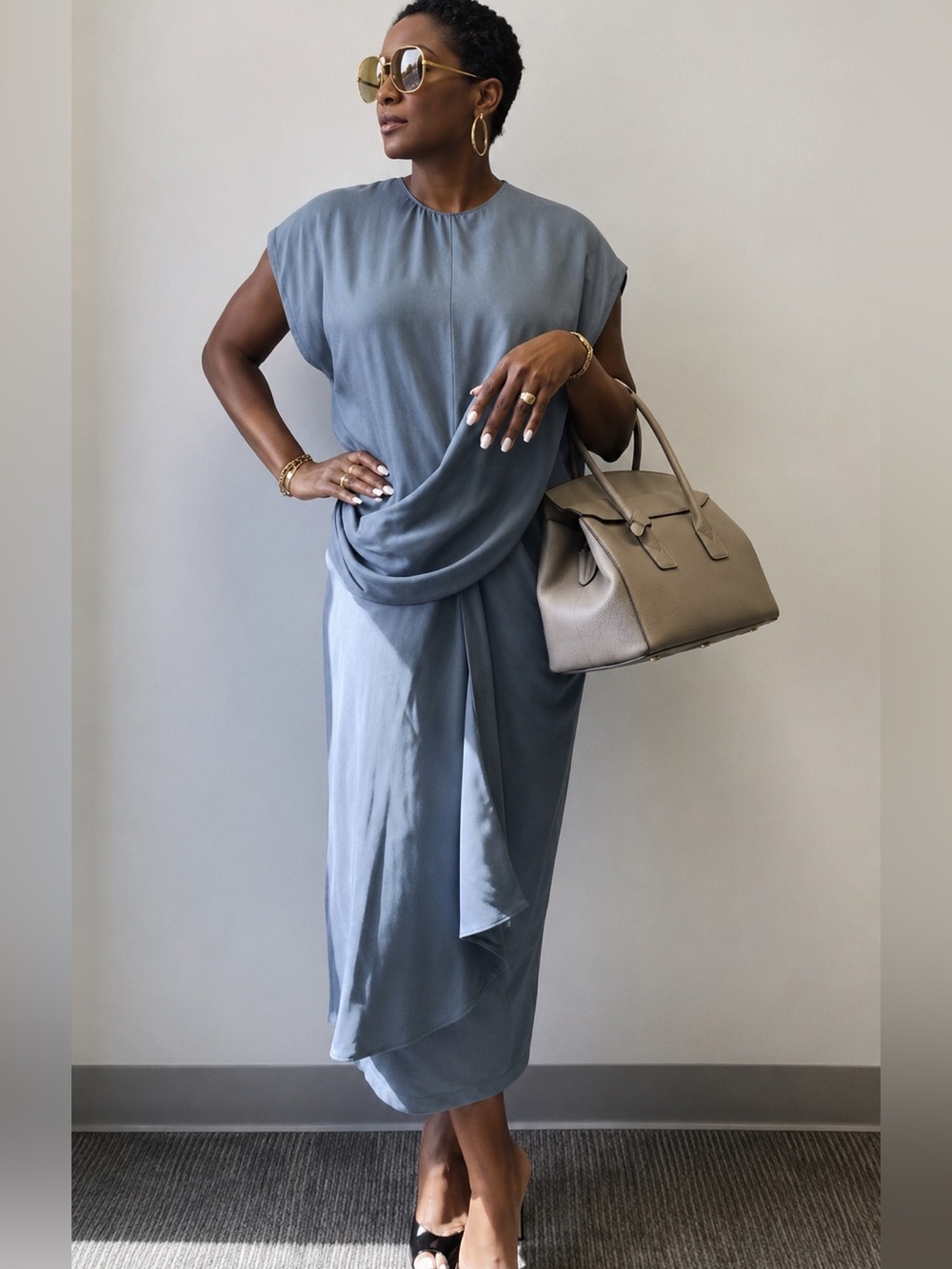 Zara NWT Linen Blend Asymmetrical Minimalist Draped Blue Midi Dress Size Small